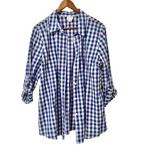 Jaclyn Smith Collection Blue White‎ Gingham Button Down Roll Tab Sleeve Shirt